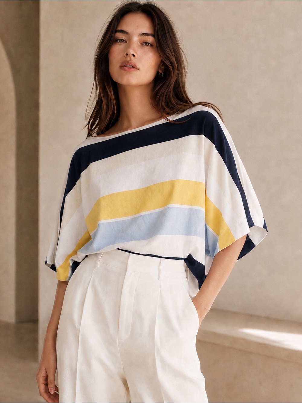 Zara Kimono sleeve boatneck striped oversized top. M